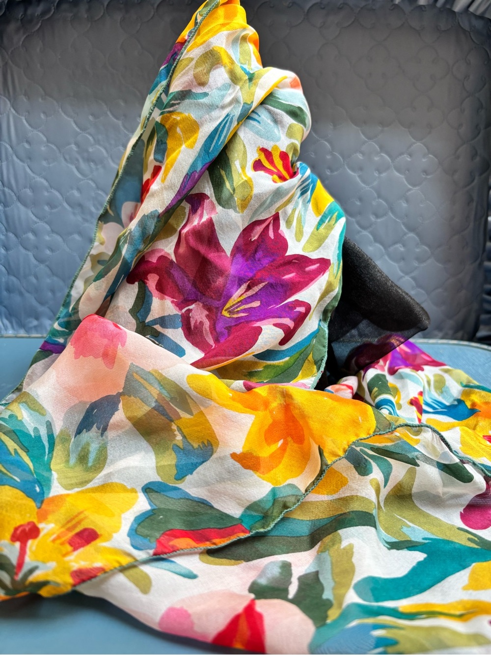 Dana Herbert multicolored floral sheer silk scarf. - Picture 12 of 13